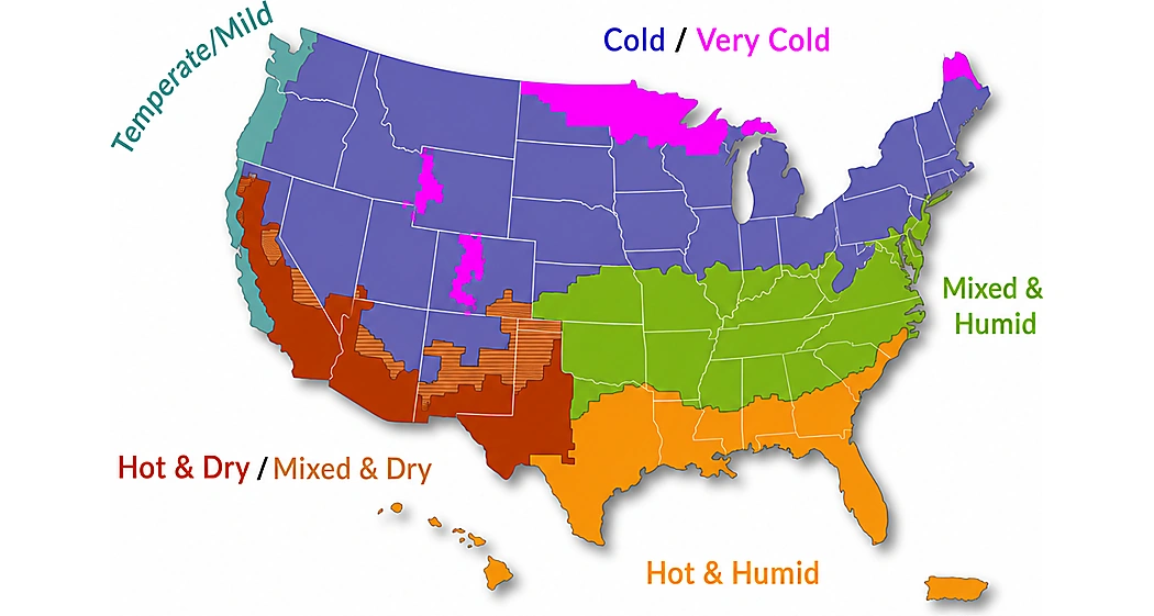 AC climate zone map - Hot Humid, Hot Dry, Mixed Humid, Mixed Dry, Temperate Mild, and Cold climate zones